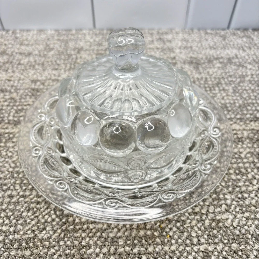 Hobnail‎ Clear Crystal Butter Dish Eye Wink Pattern Domed Lid With Base Fancy